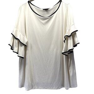 J Jill Wearever Women's Top Size Large Ivory Black Ruffled Short Sleeve Pullover